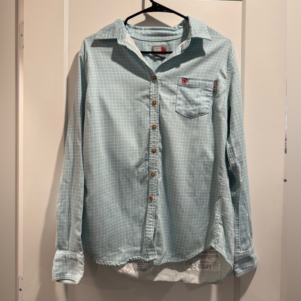 ARIAT WORK FR‎ LONG SLEEVE WOMENS Plaid SHIRT BLUE/GREEN PRINT Size L